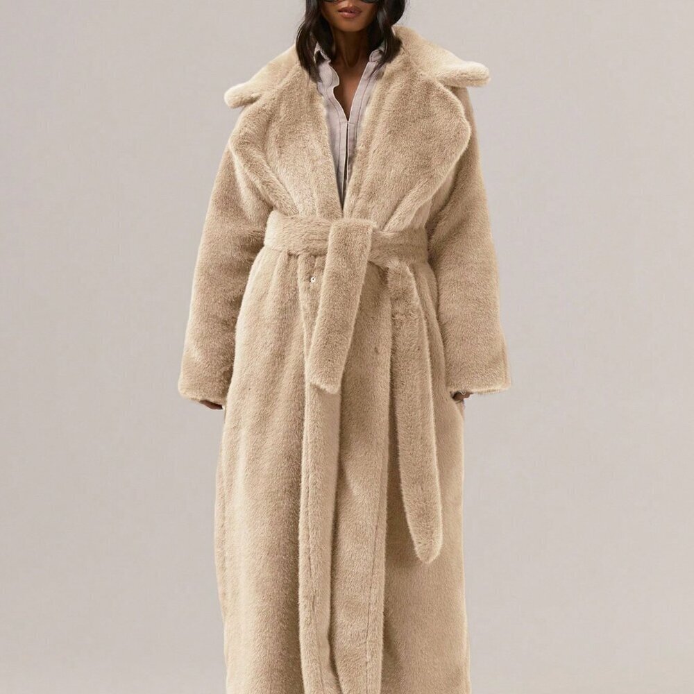Cream Elegant Women's Fuzzy Fur Maxi Coat